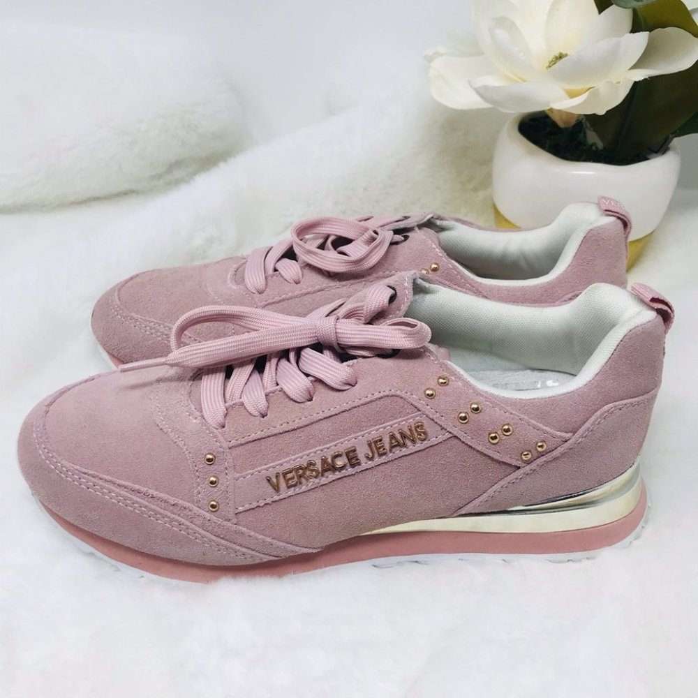 VERSACE JEANS Pink Suede Lace Up Sneakers, 7.5-8